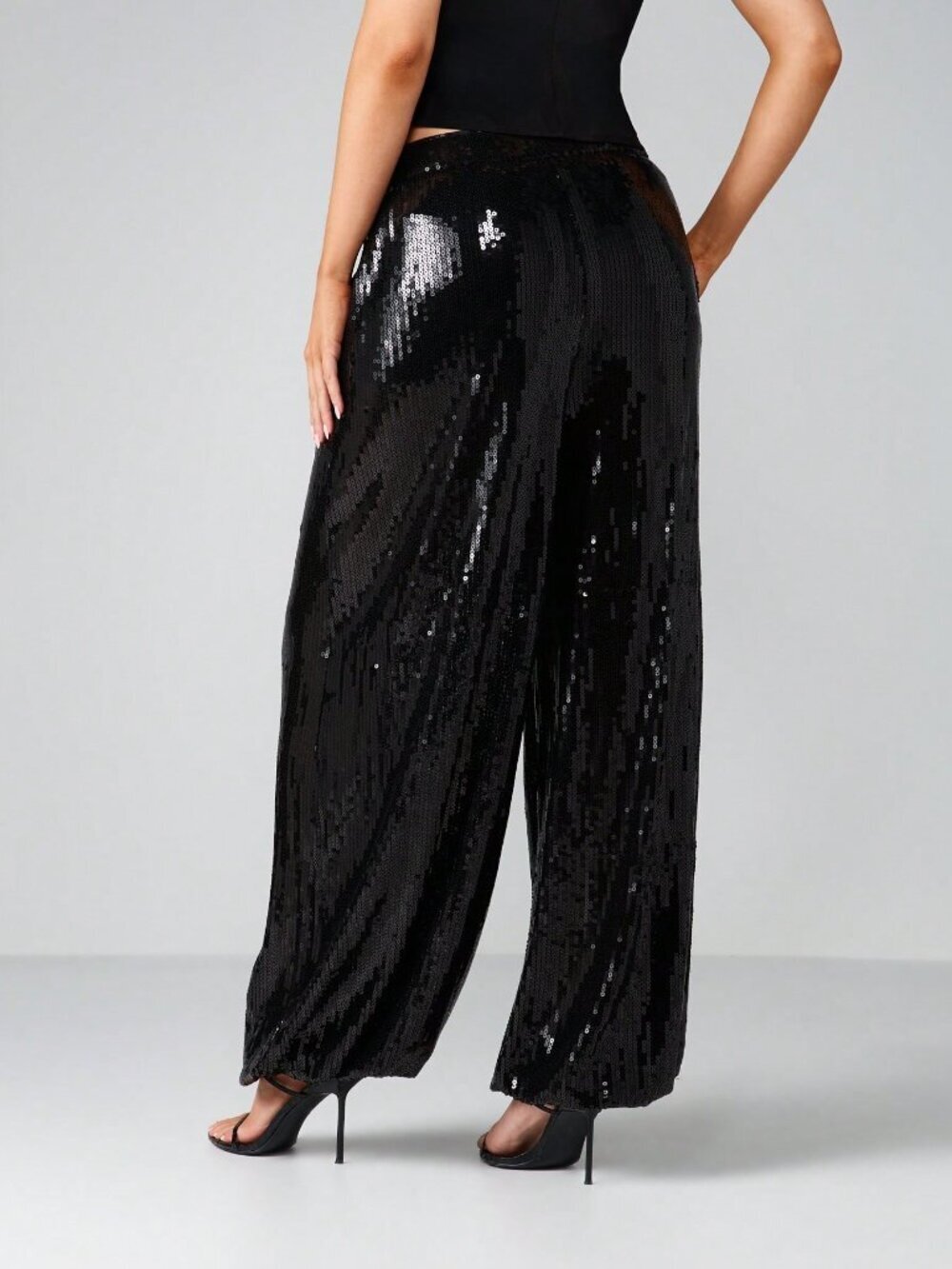 Black Party Women's Sequin Wide Leg Palazzo Pants High Rise Evening Trousers - Picture 2 of 4